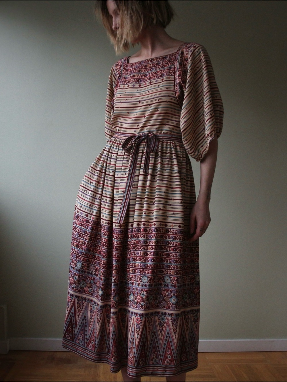 1970's Victor Costa Floral Printed Folk Dress